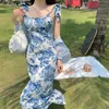 Styl francuski Vintage Kwiatowy Kwadratowy Kołnierz Midi Wiosna I Lato Nowa Talia Odchudzanie Fishtail Suspender 2021 Dress dla kobiet Y1006
