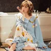 Pyjamas sets Women Autumn cute kawaii Nightgowns Girls Princess Cotton long Sleeves Plus Size Home wear Ruffle sleepwear 211007