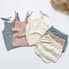 Baby Girl Hollow Out Odzież Letnia Odzież S Szelki Knit Spodenki Garnitur Outfit Infant Set 210521