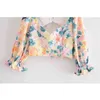 Mode Causal Floral Print Dames Crop Tops Sexy Stijl Chic Puff Sleeve Diepe V-hals Backless Summer Short Blouses 210508