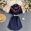 Femmes Mode Ins Rétro Chemises imprimées Robe Revers à manches courtes à lacets Slim Élégant Vintage Robes R412 210527