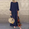 Spring Retro Floral Round Neck Contrast Button Stitching Three-Quarter Sleeves Women Casual Oversized Pullover Maxi Dress 210517