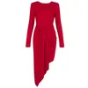 Primavera rosso elegante abito asimmetrico sexy scollo a V manica lunga drappeggiato da sera da donna party runway abiti 210527