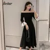 Lady 2021 Kpop Slash Neck Retro Elegant Black Dress Slim Chic Long-Sleeved Women Sexig Autumn Winter Long Dresses S-XL Casual