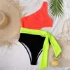 Ekleme Mayo Kadın Seksi Bir Omuz Mayo Kadın Bandaj Swim Suit Neon Yeşil Mayo Monokini 210604