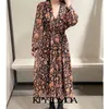 Vrouwen chique mode bloemen print geplooid midi jurk vintage bladerdeeg mouw met voering vrouwelijke jurken vestidos mujer 210416
