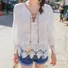 Kleding China Mode Mori Girl Style Vakantie Strand Lange Mouwen Geborduurde Blouse Veer V-hals Solid Color Wild Shirt Dames Blouses