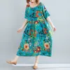 Johnature Women Summer Dress Koreanska Enkla lösa tryckfickor O-Neck High Waist Mid-Calf Längd Casual Floral Dress 210521