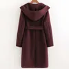 Women Autumn Casual Hooded Wool Blends Coat Long Sleeve Sashes Open stitch Female Office Lady Elegant Overcoat Outerwear 210513