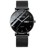 Saatı Marka erkek İzle Ultra-ince Çelik Örgü Kuvars Saatler Çift Takvim Basit Siyah Saat Moda Rahat İş