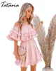 Sommar sexig blommig klänning elegant av axel midja lös ruffles pläterad rosa kjol för damer strand mini sundress 210514