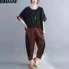 Dimanaf zomer vrouwen twee stuk set pak vintage plaid casual losse dame lange broek past bij korte mouw kleding oversize 211105