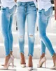 Spring Autumn Solid Women Jeans Mid Waist Cutout Skinny Denim Pants Femme Buttoned Pocket Design Bottom Lady Trousers New 210415