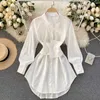 DEAT Women Girdle Vintage Shirt Dress Solid Color Long Sleeve Waist Two Piece Set Fashion Spring Summer 11B148 210709