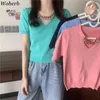 Gebreide T-shirt Dames Zomer Korte Mouw V-hals Ketting Patch Tops Solid Slanke Koreaanse Sweet Jumpers Femme t-shirts 210519