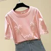 Rosa T-shirt Kvinnor T-shirt Kvinna Bomull Sommar Toppar T-shirt Kvinna Koreansk Stil Mode Beading Kläder Tee Femme 210604