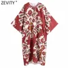 Zevity Women Vintage Totem Floral Print Loose Kimono Midi Klänning Kvinna Chic Batwing Sme Sommarbrott Boho Vestido DS8333 210603