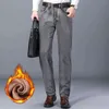 Зимняя теплая мужская флисовая джинсы классический стиль серый хлопок регулярные подходящие растягивающие джинсовые толстые брюки мужские брюки 211108
