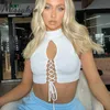 Missakso Lace Up Bandage Top Streetwear Party Summer Y2K White Women Sexy O Neck Tlee Backless Tops 210625
