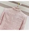 Fashion design womens pink color elegant tweed woolen beading rhinestone buttons long sleeve blazer coat casacos SML