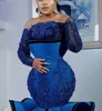 2021 Plus Size Árabe Aso Ebi Azul Sereia Vestidos de Baile Elegantes Rendas Frisadas Mangas Compridas Noite Festa Formal Segunda Recepção Gow1463744