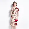 Designer Vintage Elegante Bloem Print Mermaid Party Night Jurken Retro Shys Lily Bodycon Satin Dress Midi Ruffles Roken 210603