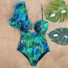 Sexy Um ombro Ruffle Swimsuit Impressão Floral Swimwear Mulheres Swimsuit Banheira Terno Beachwear Monokini 220226