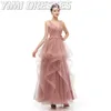 Party Dresses Sexy Backless Pink Evening Long Beaded Pearls Formal Dress Women Elegant Lace Tulle V-Neck Gala Gowns 2022