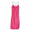 Rose Red Camisole Satin Long Dress Women Summer Backless Slip Sexy Party Dresses Ladies Sleeveless Midi 210519