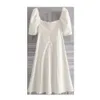 Mulheres Verão Branco Vintage Sexy Chic Vestido Longo Torção V Neck Slow Sleeve A-Linha Sundress 210531