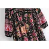 INSPIRED schwarzes florales Zigeuner-Bohemien-Stil Langarm-Frühlings-Herbst-neues Rayon-Kleid für Frauen 210412
