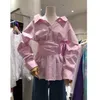 Spring All Match Turn Down Collar Stripe Tie Taille Casual Full Shirt Womens Tops 210615