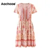 Summer Mini Pleated V Neck Floral Print Boho Beach Dress Drawstring Short Sleeve Casual Dresses For Women Vestido 210413