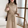 Autumn Winter Women High Quality Knit Dress Drawstring Slim Turtleneck Pullover Midi Dresses Woman's Clothing 210529