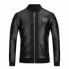 Crâne strass vestes en cuir synthétique polyuréthane hommes haute rue Style col montant Sudaderas Hombre côtes manches Streetwear hommes et manteaux