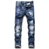 Erkek erkekler jean yırtık kot pantolon rip streç siyah moda ince fit yıkanmış motosik denim pantolon panelli hip hop pantolon