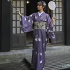 Vrouwen bloem print kimono japanse elegante gewaad paarse japan stijl jurk traditionele kleding sakurale v nek oosterse jurk Aziatische etnische kleding