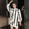 Plush women's autumn and winter Korean style vertical stripes loose all-match dress Office Lady O-Neck 210416