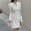 Autumn Women White Mini Long Sleeve Suit Sexy Lace Up Short Slim Black Blazer Dress 210415