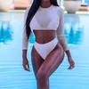 Kadın mayo 3pcs bayanlar uzun kollu örgü bölünmüş mayo seksi bikini set yüksek bel döküntü koruyucusu biquini tankini kadınlar için