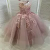 2021 Abiti da ragazza di fiore con perline con collo trasparente Fiori fatti a mano Tulle Lilttle Abiti da sposa per spettacoli di compleanno per bambini ZJ0465