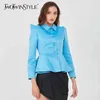 Chaqueta azul TWOTWINSTYL para mujer, falda de retazos de cintura alta de manga larga con solapa, abrigos sueltos fruncidos con dobladillo, ropa de otoño para mujer 210524