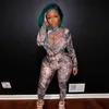 SisterLinda Sexy Mesh Aesthetic Print Co-Ord Två Piece Sets Kvinnor Fall Långärmad Top och Thing Trouser Outfits Suit Streetwear Y0625