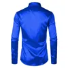 Royal Blue Silk Satin Shirt Men Luksusowa Marka Slim Fit Mens Dress S Wedding Party Casual Męska koszulka 210721