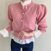 Rose doux femmes chandails courts coréen Chic Cardigans manches bouffantes automne élégant Mujer Sueteres Slim 18529 210415