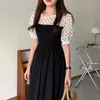 Korejpaa Women Dress Summer Korean Chic French Sweet Round Neck Wavelet Dot Stitching Waist Puff Sleeve Mid-Length Vestidos 210526