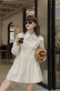 2 Piece Button Up Collar Shirt Dress Fall Women White Beige Long Sleeve Mini Cute Korean Fashion Clothing 210427