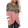 Spring Women Long Sleeve T Shirt Casual O Neck Pocket Tops Female Leopard Stitching Tees Fashion Loose Lady Hem Kink T-shirt 210522