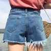 QoerliN Retro Ripped Summer Women Wide Leg Blue Denim Shorts Casual Female Streetwear Loose Solid Tassel Jeans Shorts Plus Size 210412
