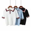 Kobiety Casual Paski Biały Dzianiny Tshirt Spring-Lato Krótki Rękaw Turn-Down Collar Topy Moda T-shirty 210421